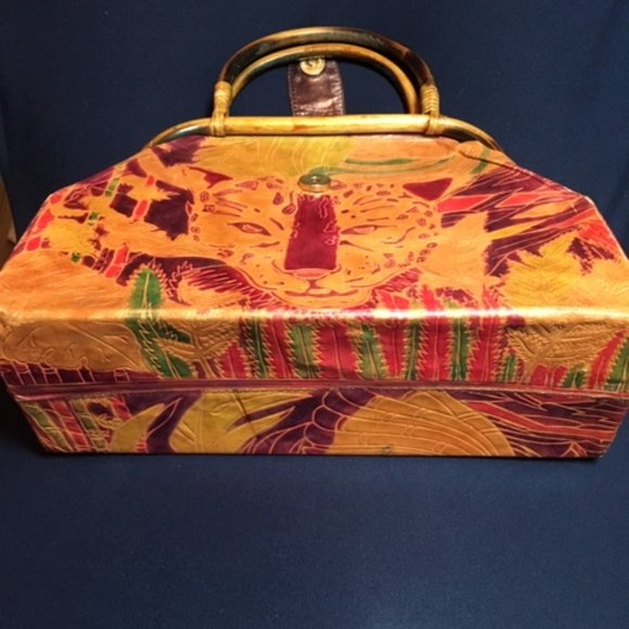 Leather w/ Leopard Safari Embossed Dyed Shantiniketan Stand Up Handbag - Picture 5 of 14